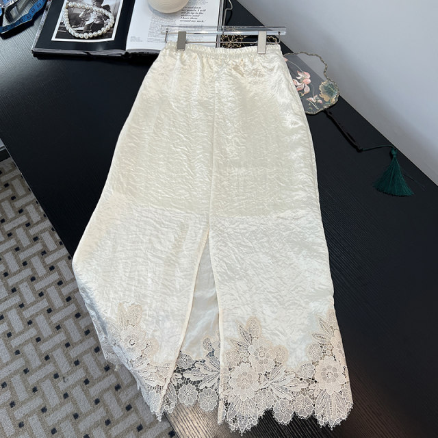 New Chinese style acetic acid skirt for women 2025 spring and autumn new high-waist slim lace spliced ​​mid-length skirt