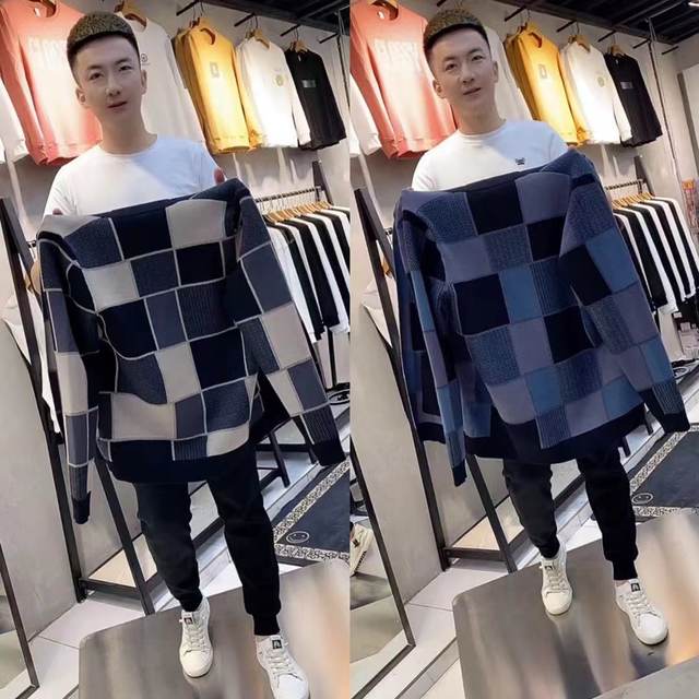 19008 spring and autumn new men's lattice contrasting color foreign long -sleeved long -sleeved knitted cardigan trendy jacket elasticity