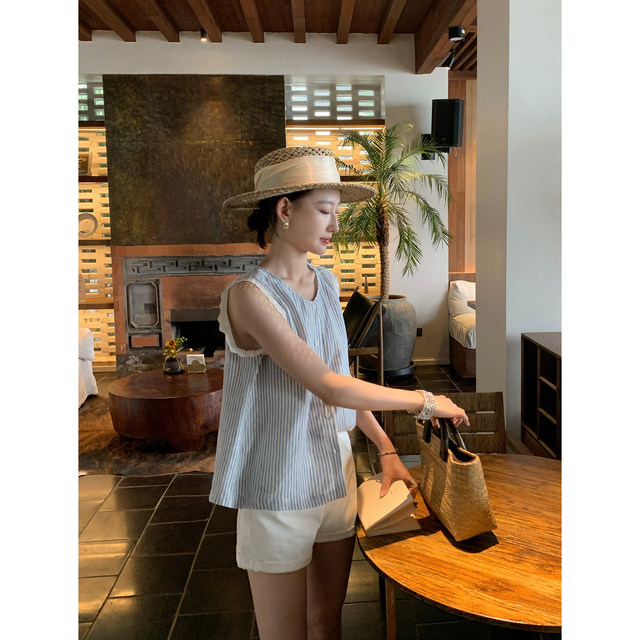 
pusumede French retro sleeveless shirt for women striped vest wearing lace lace shirt linen top