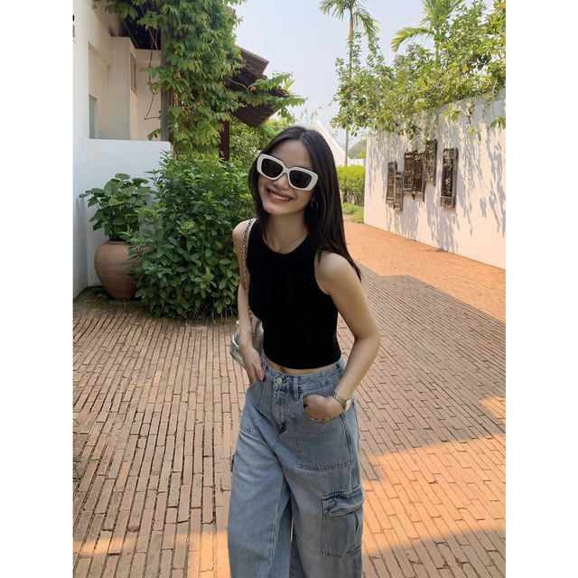 pusumede elastic slim short knitted camisole women's summer outer wear red waist-baring sleeveless top