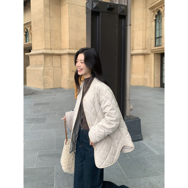pusumede apricot diamond-shaped cotton jacket 2025 autumn and winter new loose casual collarless cotton jacket niche silhouette jacket