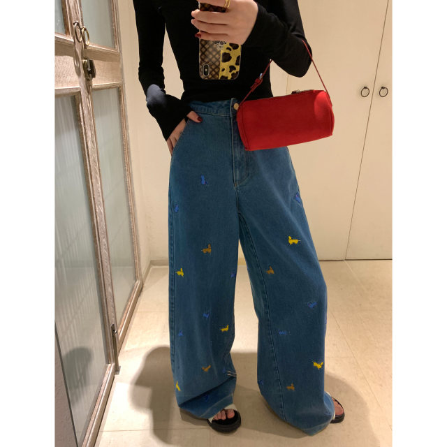 pusumede puppy embroidered age-reducing wide-leg straight jeans for women's design loose trousers high-waist casual pants