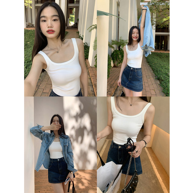 Pusumede black suspender vest for women in summer basic stretch slim short knitted outer wear versatile top