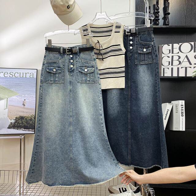 Retro blue buttons Design Senior Skirt Women's Mid -length high -waist A -line skirt 2025 New denim skirt ins