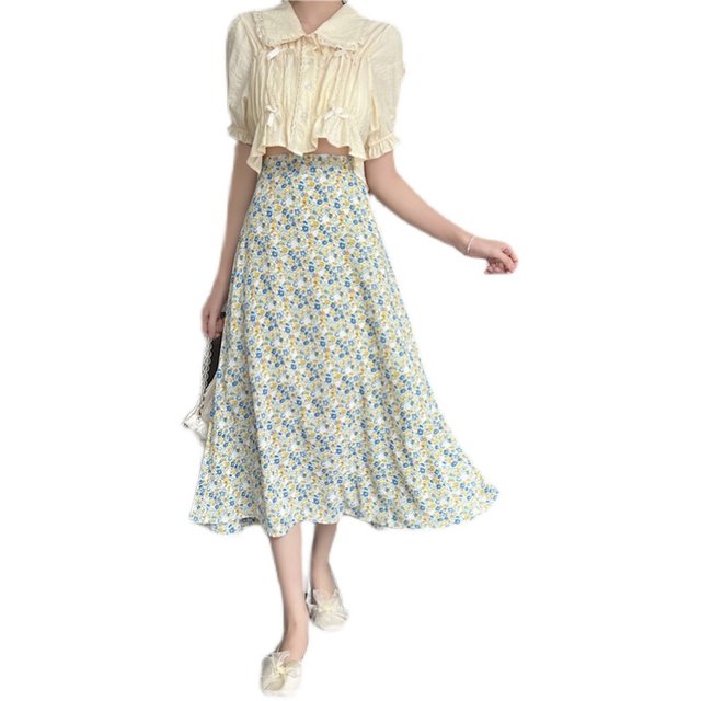 Sweet chiffon skirt fat mm floral mid-length large hem skirt 2024 new versatile large size printed umbrella skirt summer