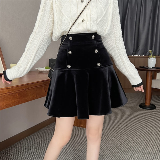 Large size commuting fishtail short skirt winter fashion gold velvet skirt fat MM temperament cover double -breasted A -line skirt
