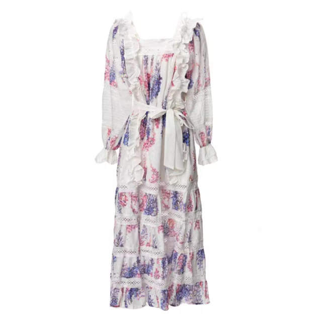 Spring light luxury classic holiday dress embroidered loose loose leaf-cut hollow square collar long skirt women's high waist square collar
