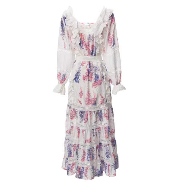 Spring light luxury classic holiday dress embroidered loose loose leaf-cut hollow square collar long skirt women's high waist square collar