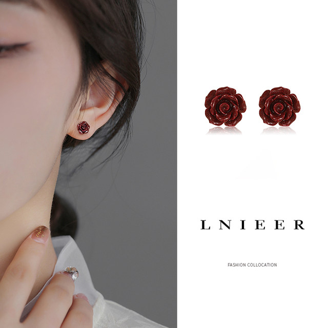 999 sterling silver cinnabar rose earrings for women 2025 new hot style ear piercing earrings autumn and winter high-end ear decorations