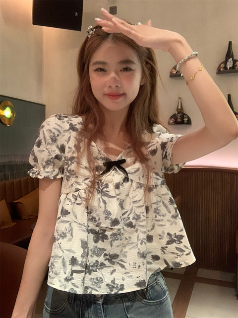 Ink printed puff sleeve shirt women's summer 2023 new style French niche retro bow short-sleeved top