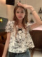 Ink printed puff sleeve shirt women's summer 2023 new style French niche retro bow short-sleeved top