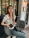 Ink printed puff sleeve shirt women's summer 2023 new style French niche retro bow short-sleeved top