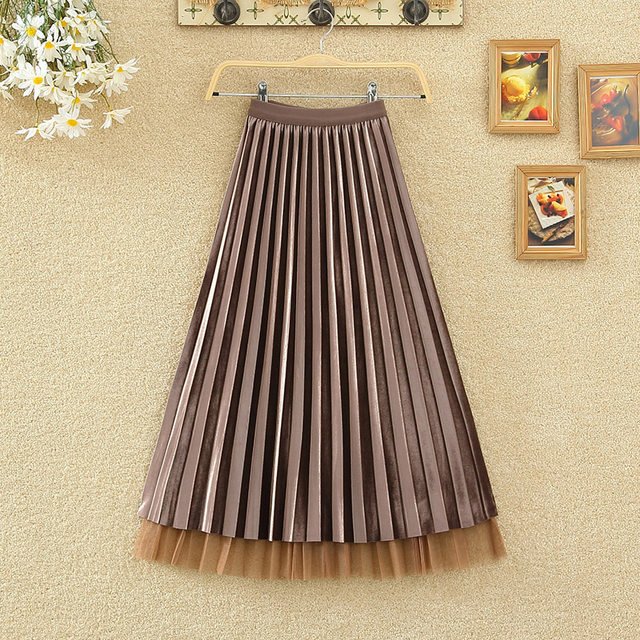 Wear golden velvet pleated skirts on both sides, women's spring and autumn, high waist, thin waist, and hi -shaped gauze mid -length skirt
