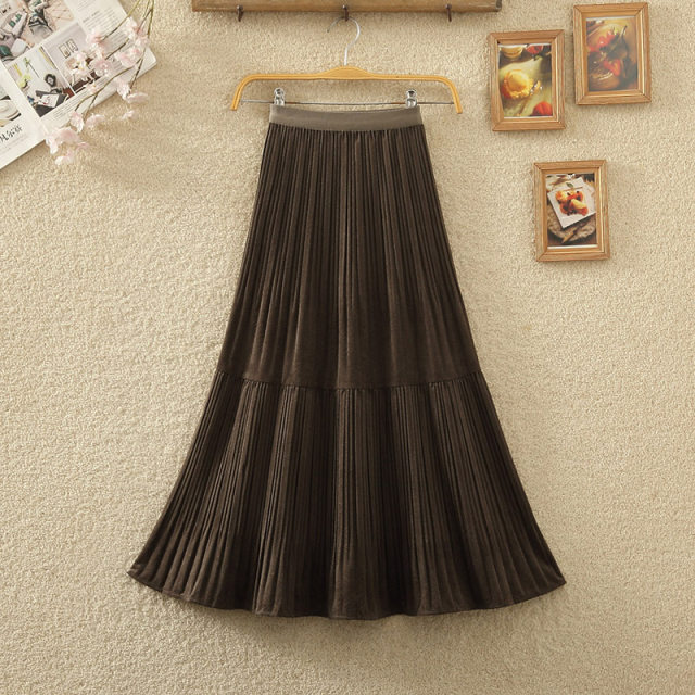 2024 Spring and Autumn New Elastic High Waist All-match Corduroy Pleated Skirt Spliced ​​Velvet Skirt Long Skirt Women's Skirt