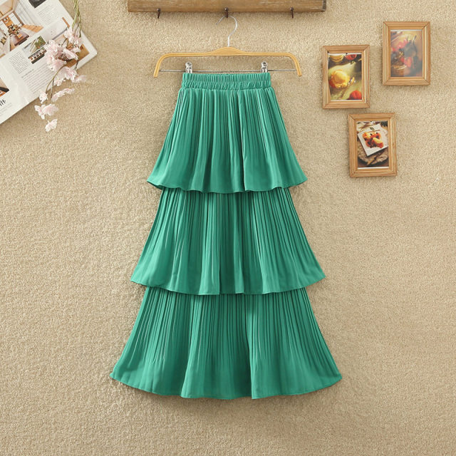 2024 spring and summer new high-waist layered spliced ​​cake skirt design niche mid-length pleated skirt for women