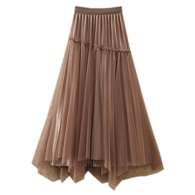 Irregular mesh two-sided skirt for women with high waisted splicing beaded double veil skirt for women in spring and summer