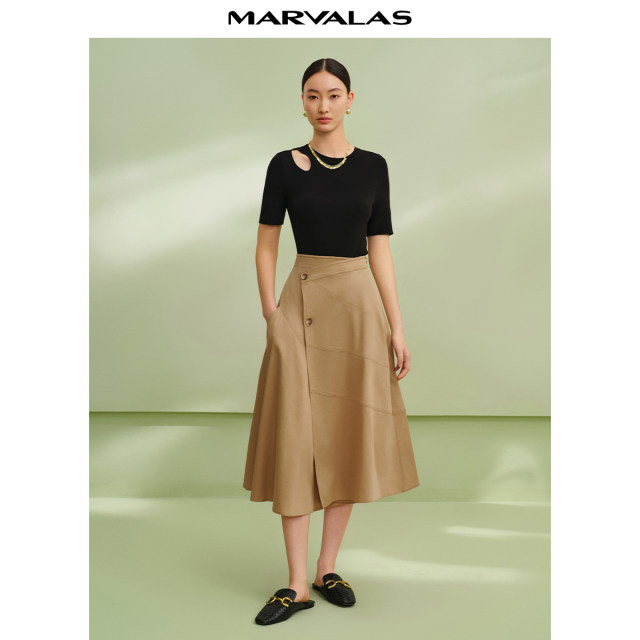 Mandesi cotton solid color skirt 2025 summer new high-waisted literary medium-length spliced ​​A-line skirt for women
