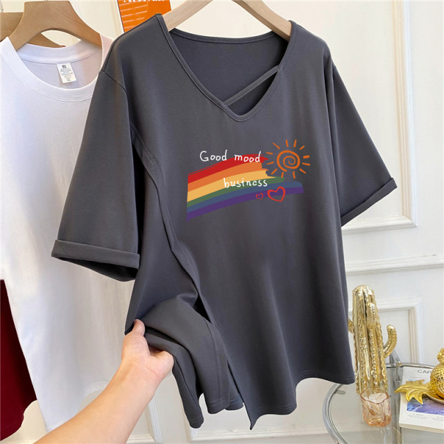 Extra large size 300Jin [Jin equals 0.5 kg] Rainbow printed hem slit v-neck loose short-sleeved T-shirt for women in summer fat MM large version top