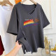 Extra large size 300Jin [Jin equals 0.5 kg] Rainbow printed hem slit v-neck loose short-sleeved T-shirt for women in summer fat MM large version top