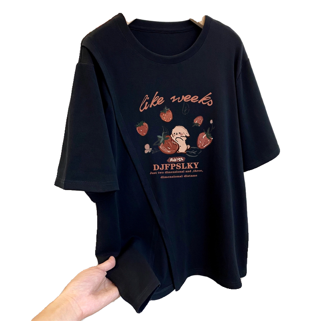 Extra large size 300Jin [Jin equals 0.5 kg] Interesting pattern printed hem slit round neck short-sleeved T-shirt for women in summer fat MM loose top