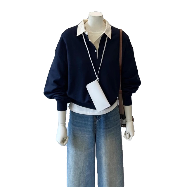 Extra large size 300 Jin [Jin equals 0.5 kg] Niche design polo neck fake two-piece contrasting spliced ​​sweatshirt for women autumn fat MM lapel top