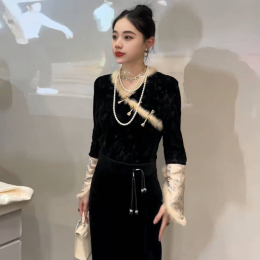 Chinese Style Tang Women's Improvement Black Flock New Chinese Clasp New Cheongsam Blouse in Autumn and Winter 2023