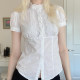 IAEY French royal sister Fan wooden ears stand-up collar white casual shirt accordion pleated design waist-breasted shirt summer
