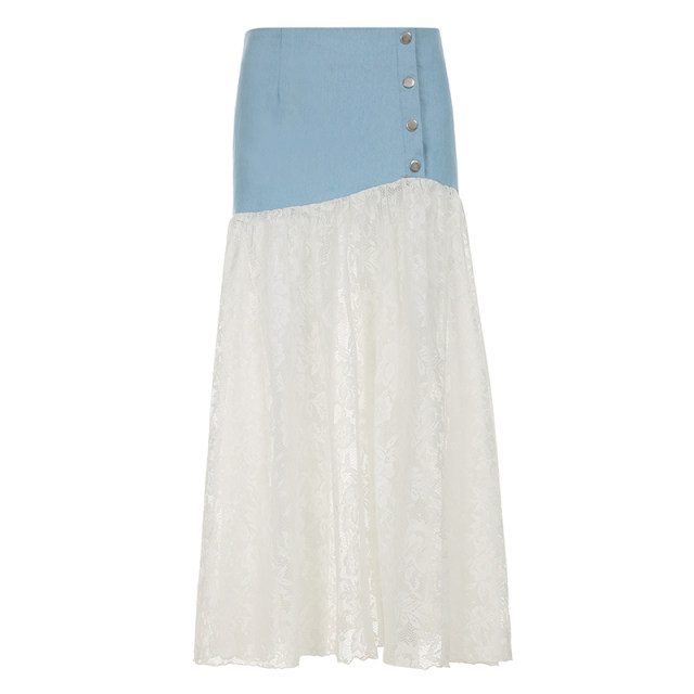 IAEY French retro lace jacquard mesh skirt summer seaside vacation style denim spliced ​​mesh skirt

