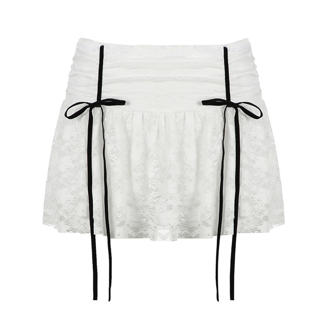 IAEY French sweet girl ~ Lace lace skirt with bow tie pleated waist A-line skirt pleated skirt
