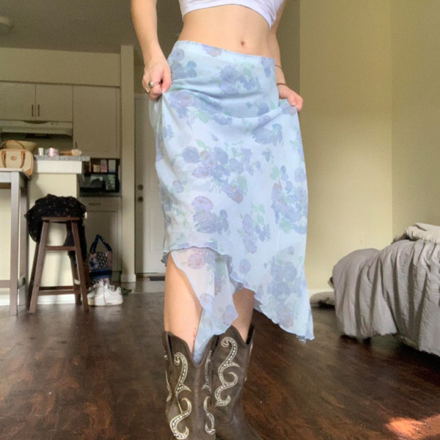 IAEY French romantic retro floral low waist skirt beach vacation style ruffle pure slit midi skirt