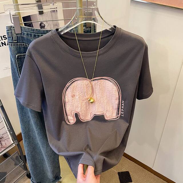 Gray heavy industry embroidered small elephant short-sleeved T-shirt for women 2025 summer new loose age-reducing versatile half-sleeved top