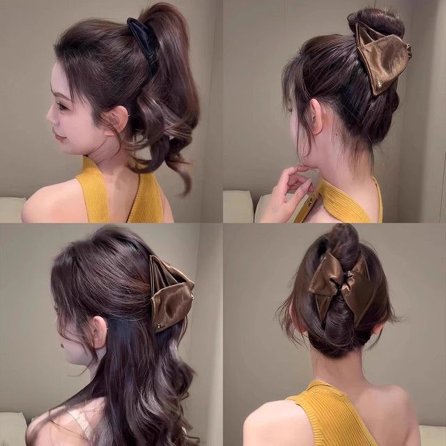 Satin Hepburn triangle grabber female high-end 2025 new style shark clip on the back of the head high ponytail hairpin headwear