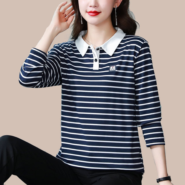 T-shirt women's long-sleeved 2022 autumn striped POLO collar women's large size western style mom tops age-reducing bottoming shirt