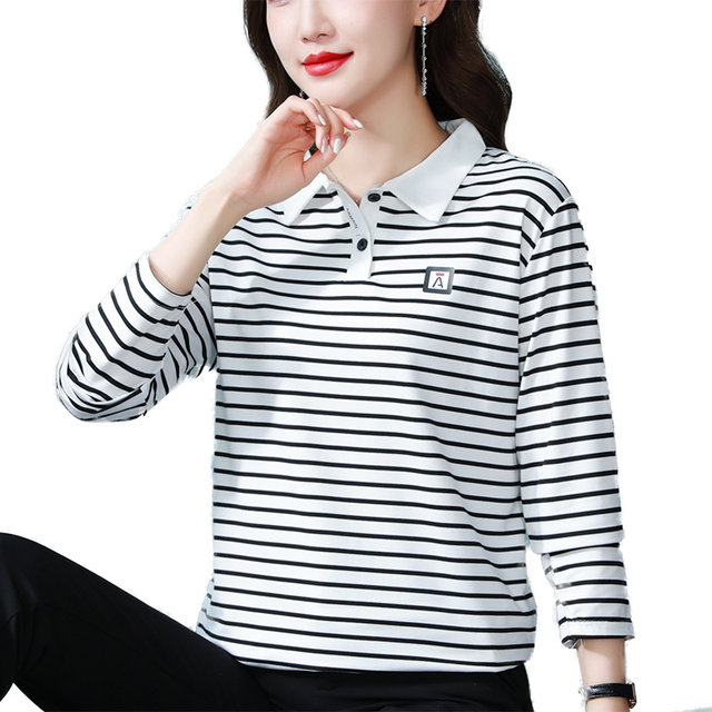 T-shirt women's long-sleeved 2022 autumn striped POLO collar women's large size western style mom tops age-reducing bottoming shirt