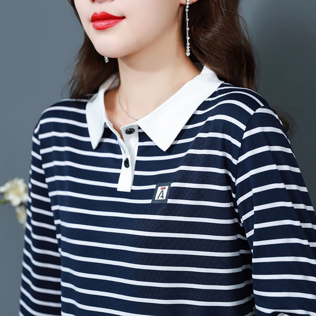 T-shirt women's long-sleeved 2022 autumn striped POLO collar women's large size western style mom tops age-reducing bottoming shirt