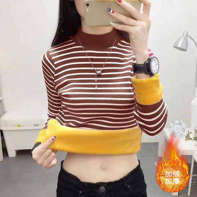 Ploved velvet thick inner bottom shirt female autumn and winter new large size half -high -neck stripe long -sleeved T -shirt warm top
