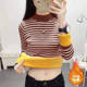 Ploved velvet thick inner bottom shirt female autumn and winter new large size half -high -neck stripe long -sleeved T -shirt warm top
