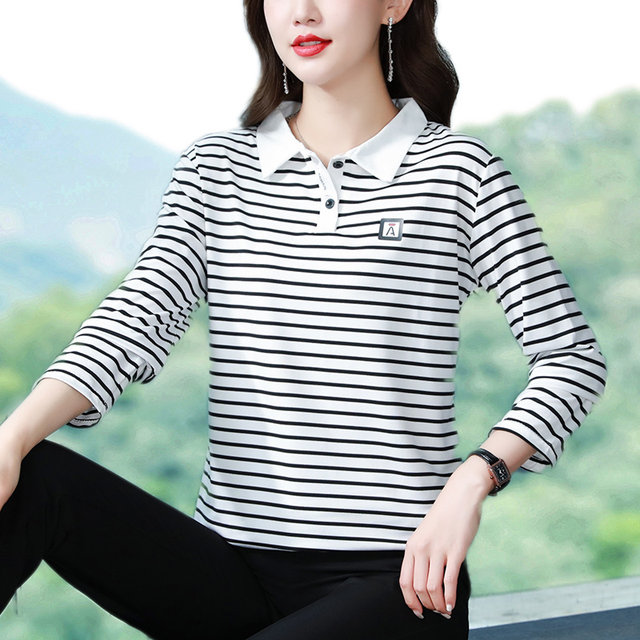 T-shirt women's long-sleeved 2022 autumn striped POLO collar women's large size western style mom tops age-reducing bottoming shirt