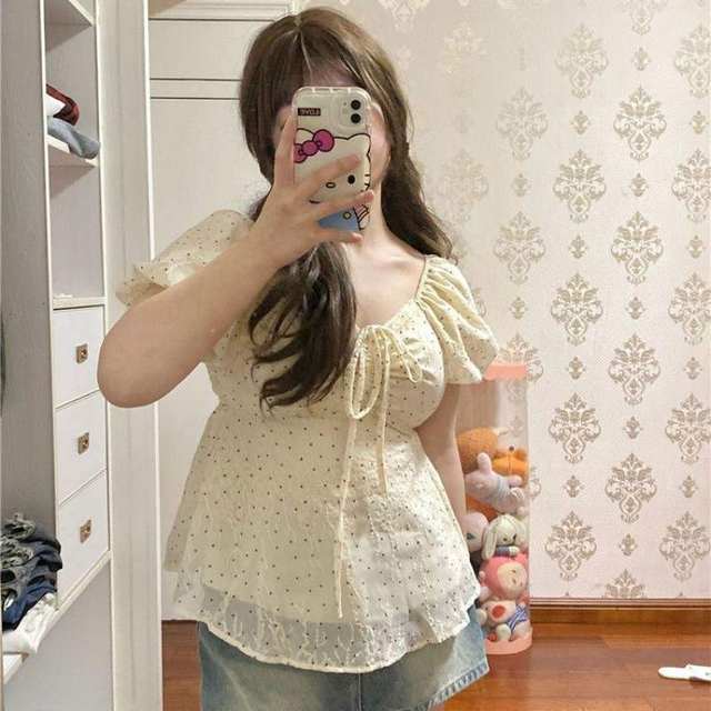 New new styles of slightly fat large size sweet age-reducing polka dot short-sleeved shirt for women in spring French bubble short style