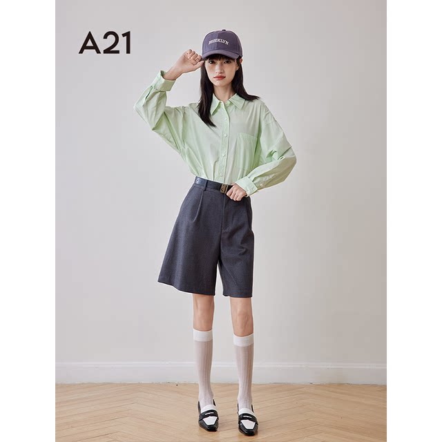 A21 women's solid color shirt for women in spring 2024 new lazy style versatile silhouette long sleeve shoulder loose shirt