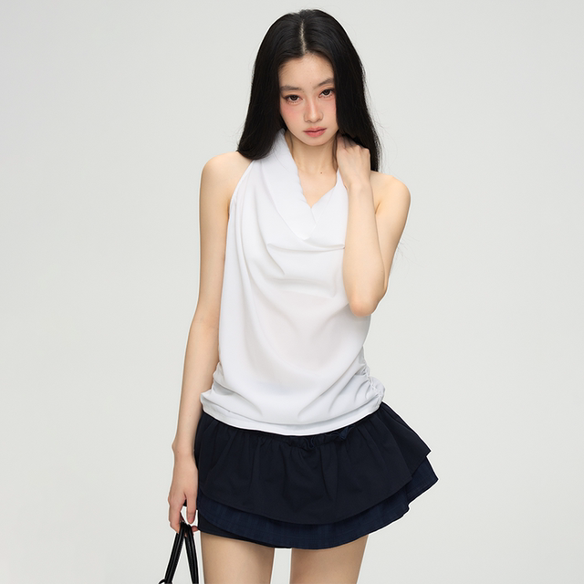 PUNCH 25SS white swing collar halter neck sleeveless white top for breast