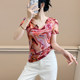 
European high-end tie-dye mesh short-sleeved T-shirt for women in summer fashion age-reducing printed V-neck top slim shirt