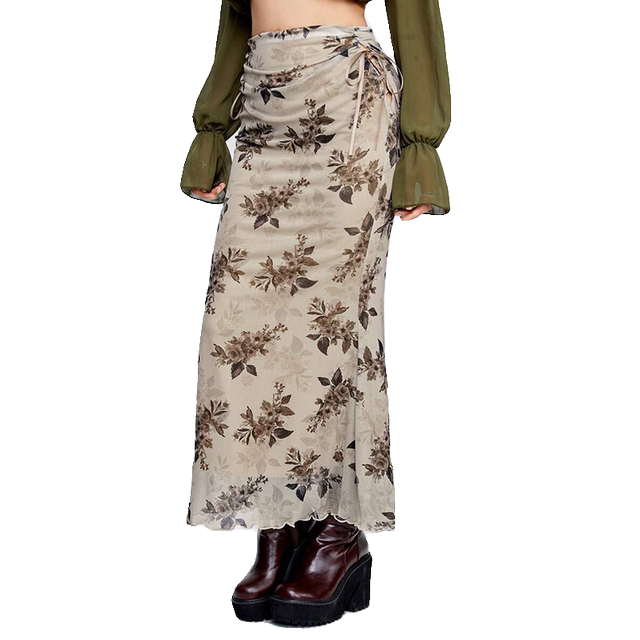 New Chinese retro style printed pleated skirt mesh double-layer printing fashionable and versatile new fishtail skirt