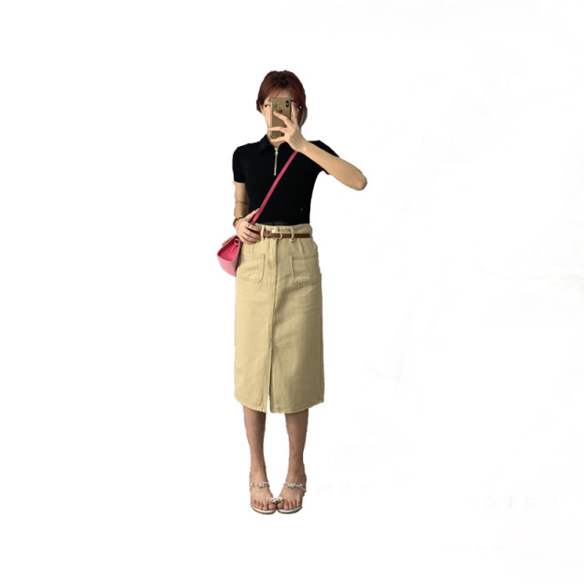 Retro workwear long skirt autumn commuting slit straight mid-length one-step skirt high waist a-line skirt women's Korean
