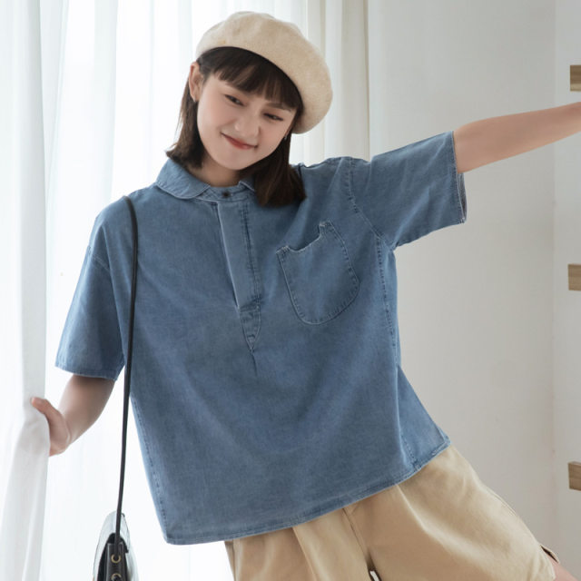 Ideal Island Denim Short-sleeved Shirt for Women 2025 Summer New Japanese Loose Small Fresh Design Pullover Shirt
