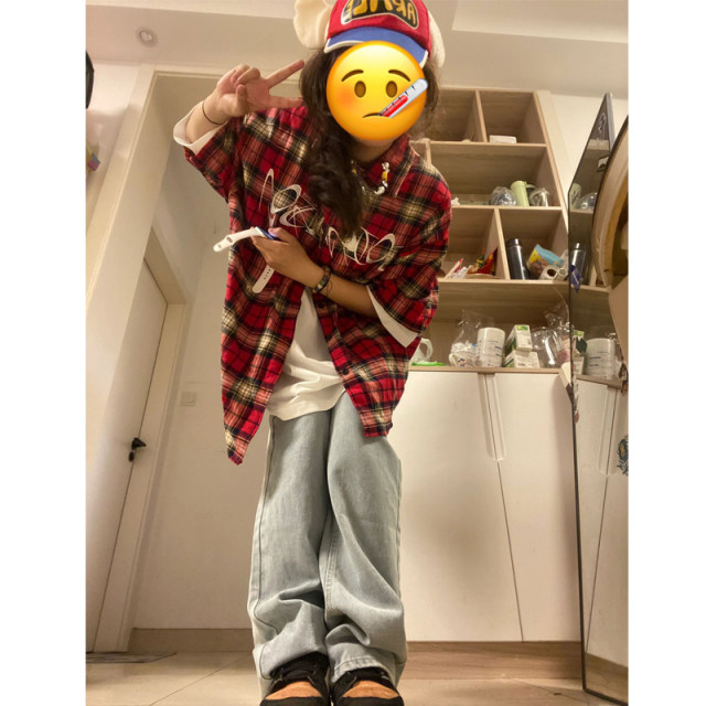National trend American street red plaid shirt short-sleeved women's summer couple high street trendy brand design niche tops