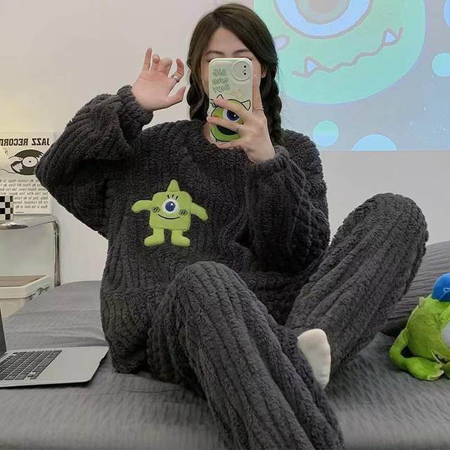 
Pajamas for women plus velvet and thickened coral velvet autumn and winter flannel cute big-eyed boy internet celebrity popular home wear set