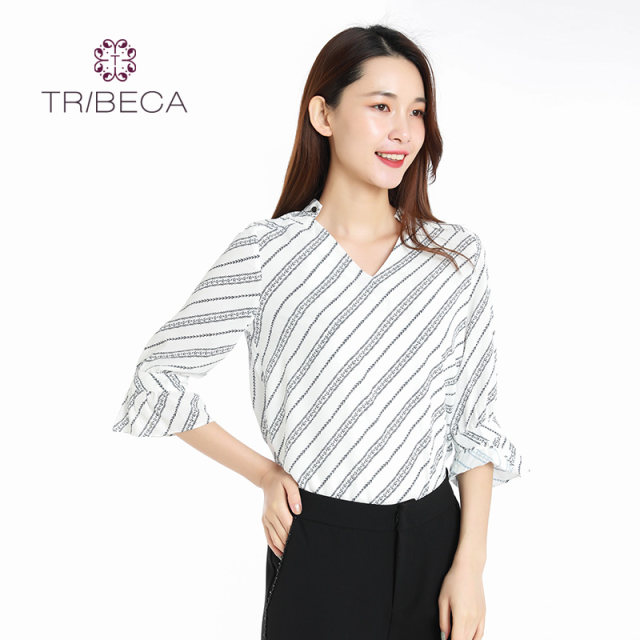 TRIBECA Tribeca Shopping Mall same style for women's fashionable striped V-neck horn trunk quarter-sleeved shirt
