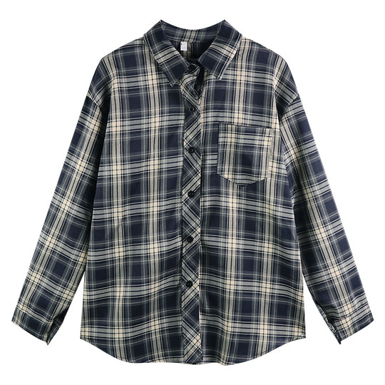 Early autumn power style plaid shirt for women retro loose slim shirt cardigan large size chic top thin jacket