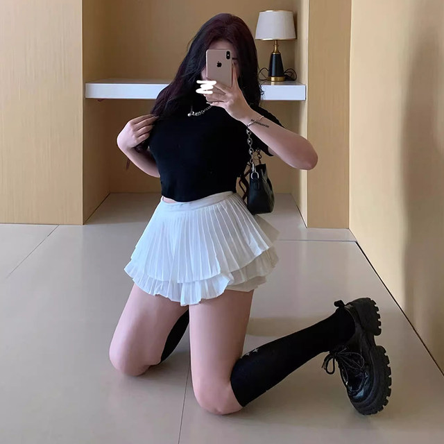 Small pleated puffy skirt summer large size cake skirt women's white high waist short skirt anti-exposure A-line skirt pants
